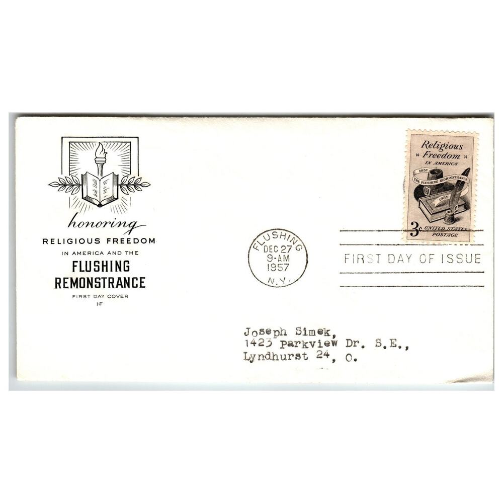 Scott #1085 1957 Religious Freedom Flushing Remonstrance FDC